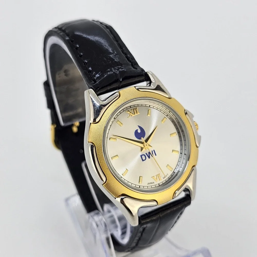Men's Analog Dress Watch 37MM Light Gold Dial Black Leather Bands New Battery